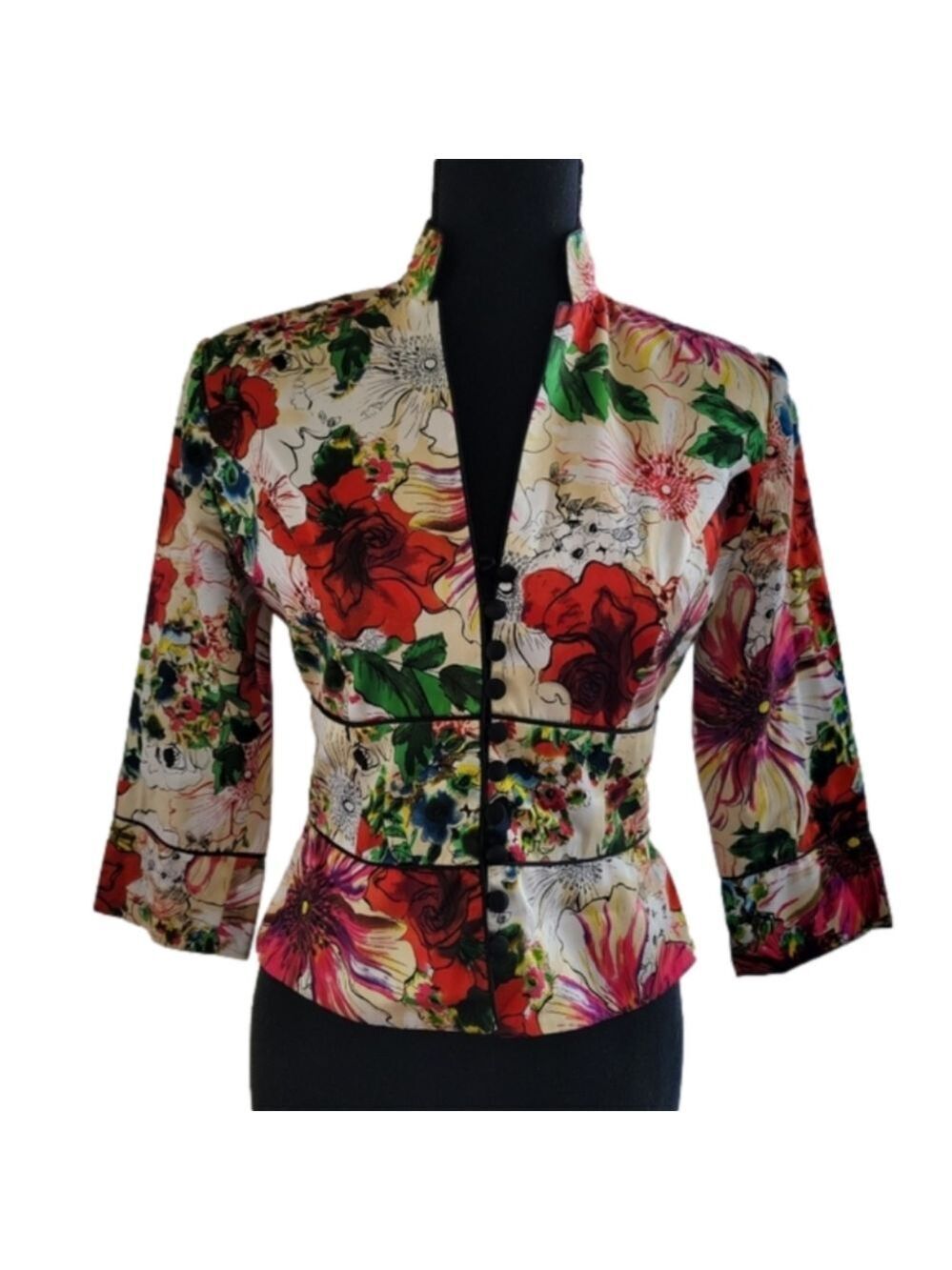 JS Collection Bright Floral Silk 3/4 Sleeve Shirt or Jacket Size 2 Petite EUC